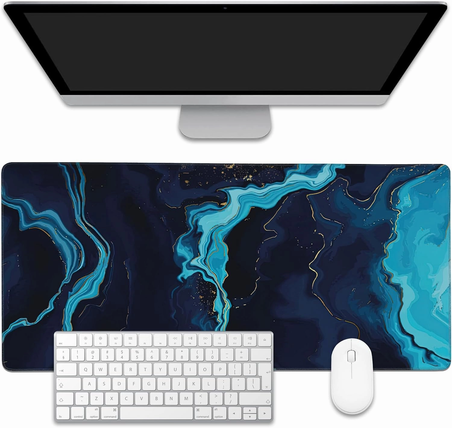 Blue Marble Desk Mat,Large Gaming Mouse Pad,Non-Slip Rubber Base Desk Pad with Stitched Edges for Desk Office Home Decor 35.4X15.7 Inch