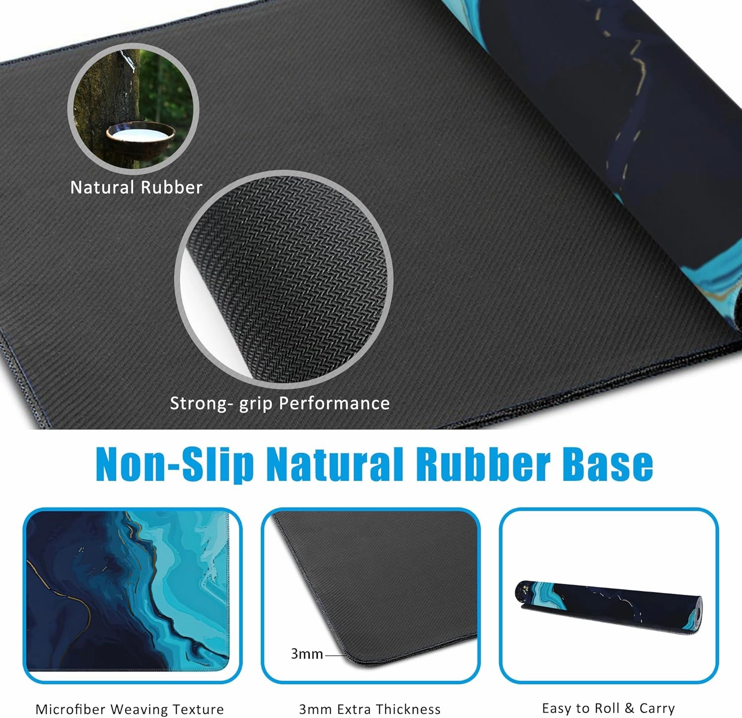 Blue Marble Desk Mat,Large Gaming Mouse Pad,Non-Slip Rubber Base Desk Pad with Stitched Edges for Desk Office Home Decor 35.4X15.7 Inch