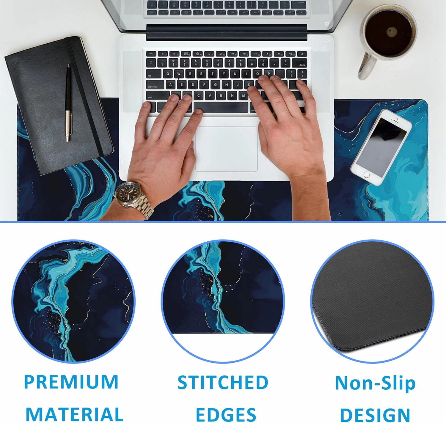 Blue Marble Desk Mat,Large Gaming Mouse Pad,Non-Slip Rubber Base Desk Pad with Stitched Edges for Desk Office Home Decor 35.4X15.7 Inch