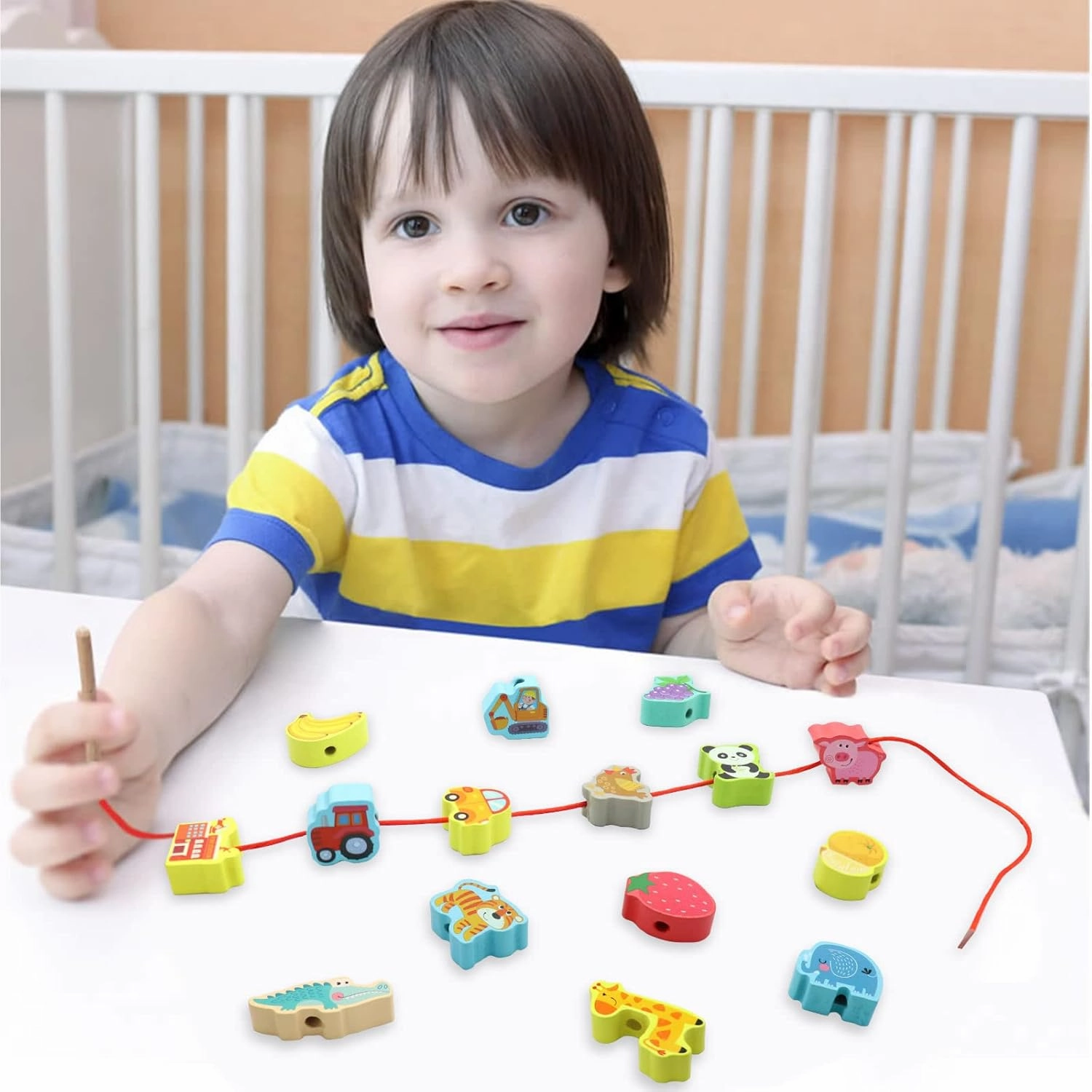 BMTOYS Wooden Lacing Beads Montessori Educationa Threading Learning Toys for 3  Year Olds Preschool Activities Stringing Toys for Boys Girls