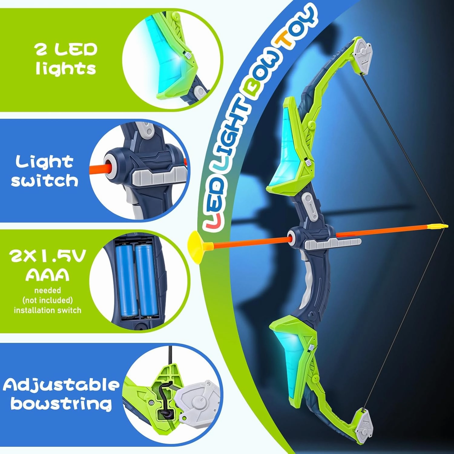 Bow and Arrow Set for Kids, LED Light Up Archery Toy with 3 Suction Cup Arrows & 1 Quiver, 1 Score Target, Indoor Outdoor Activity for 6 7 8 9 10 11 12 Year Old Boy Girl Gifts