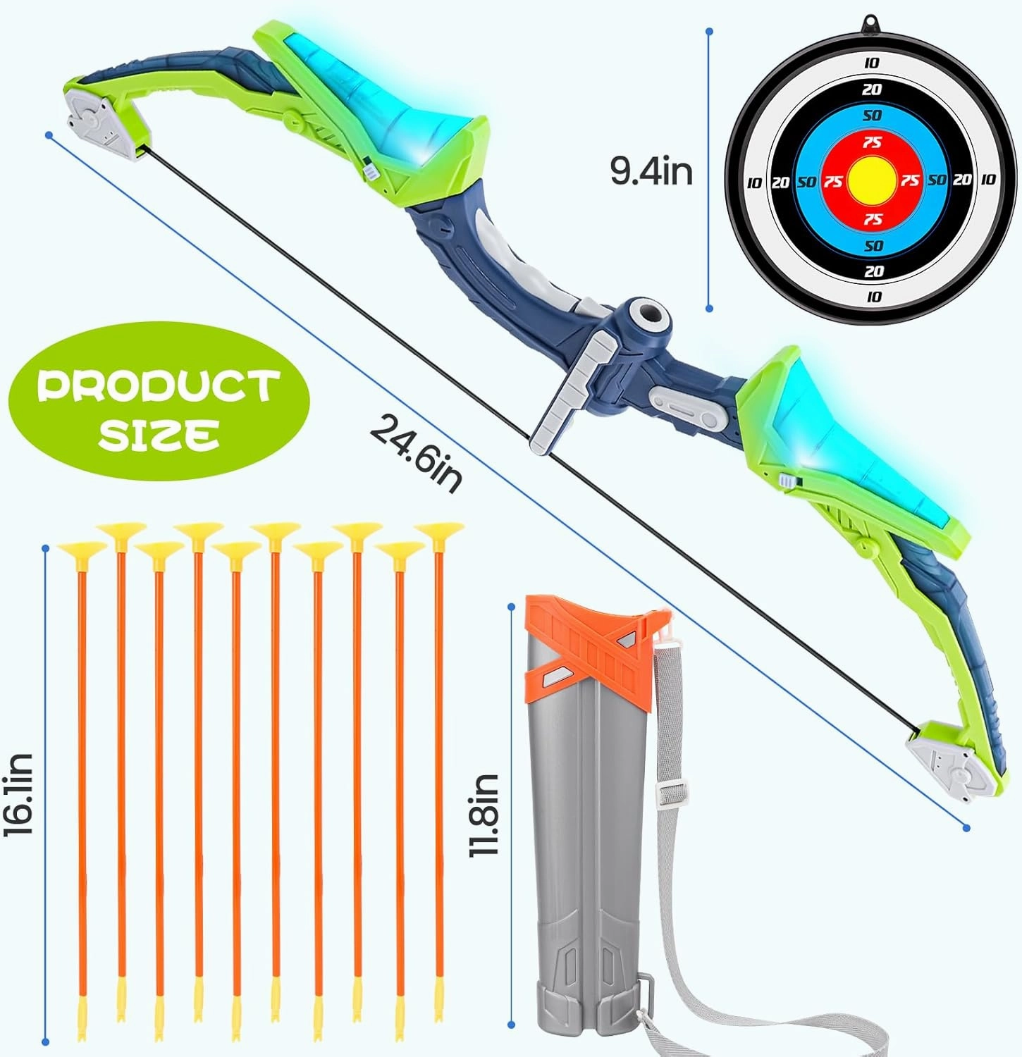 Bow and Arrow Set for Kids, LED Light Up Archery Toy with 3 Suction Cup Arrows & 1 Quiver, 1 Score Target, Indoor Outdoor Activity for 6 7 8 9 10 11 12 Year Old Boy Girl Gifts