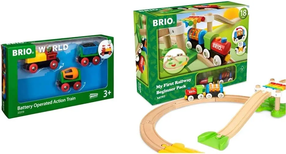 Brio World - 33319 Battery Operated Action Train | 3 Piece Toy Train for Kids Ages 3 and Up & My First Railway – 33727 Beginner Pack | Wooden Toy Train Set for Kids Age 18 Months and Up