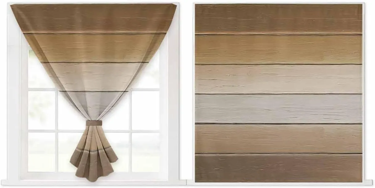 Brown Beige Self Adhesive Blackout Curtains with Tiebacks,Portable Rod Pocket Living Room Darkening Curtains,Farmhouse Vintage Gradient Wooden Grain Thermal Insulated Windows Cover,47Wx54H