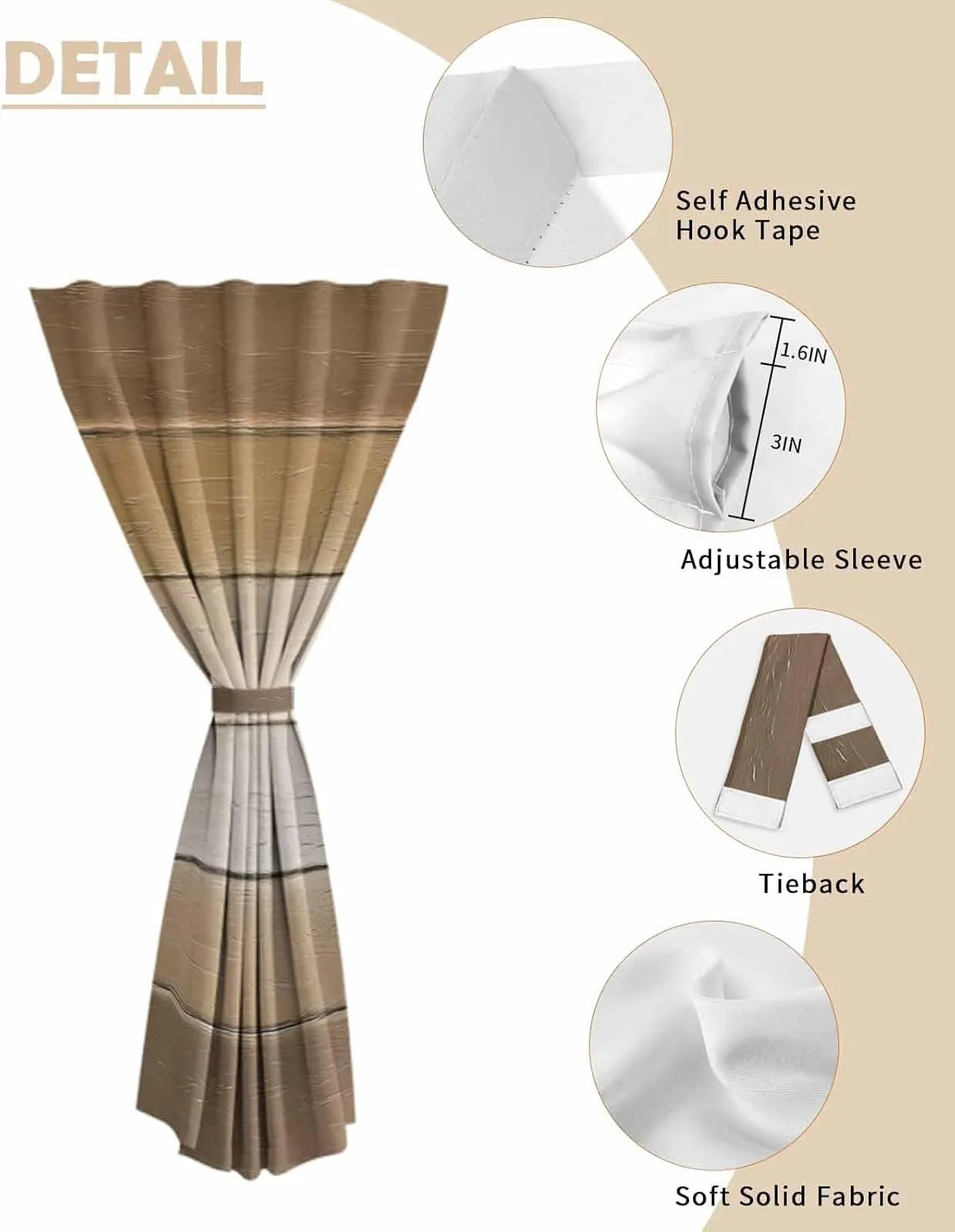 Brown Beige Self Adhesive Blackout Curtains with Tiebacks,Portable Rod Pocket Living Room Darkening Curtains,Farmhouse Vintage Gradient Wooden Grain Thermal Insulated Windows Cover,47Wx54H