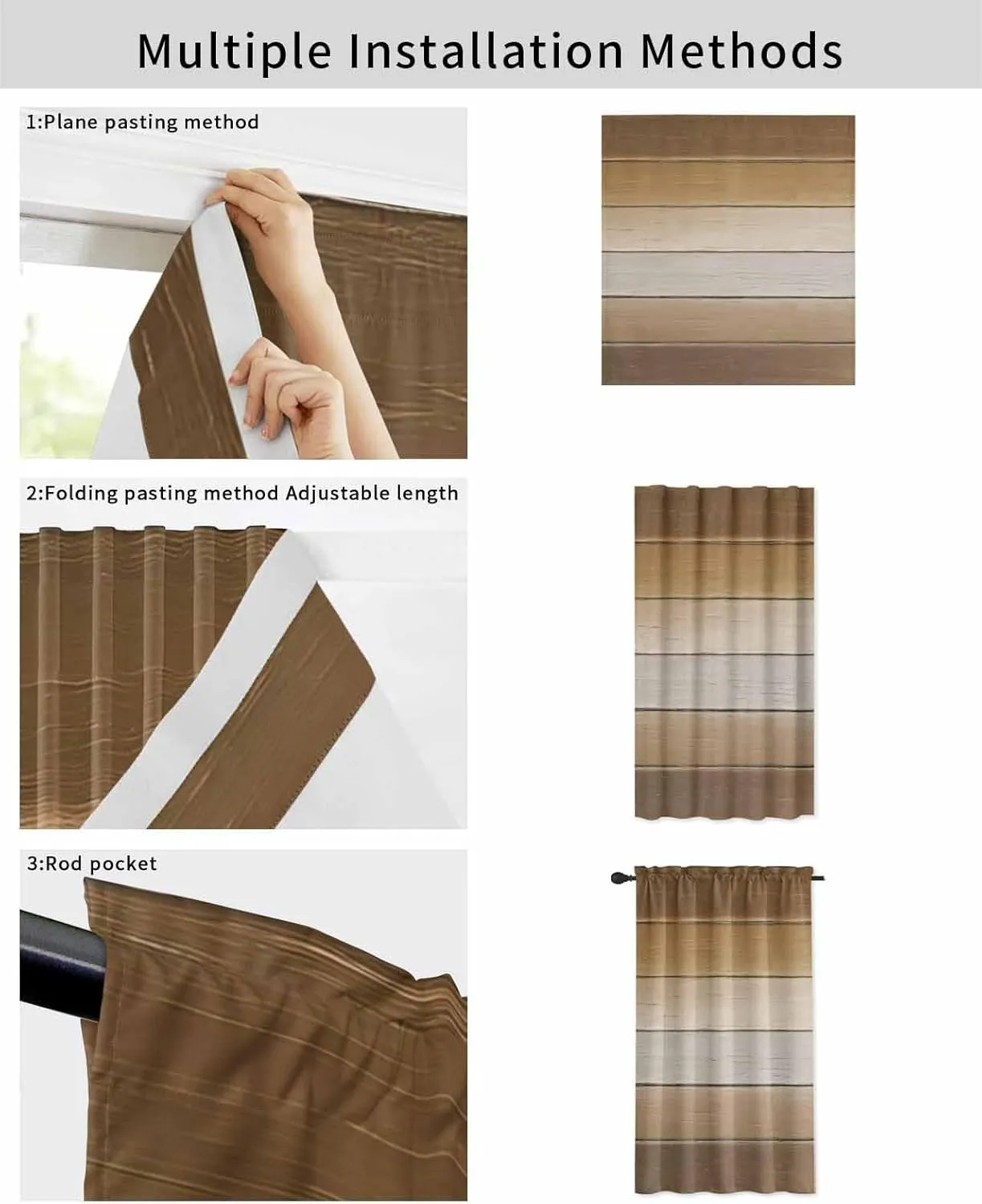 Brown Beige Self Adhesive Blackout Curtains with Tiebacks,Portable Rod Pocket Living Room Darkening Curtains,Farmhouse Vintage Gradient Wooden Grain Thermal Insulated Windows Cover,47Wx54H