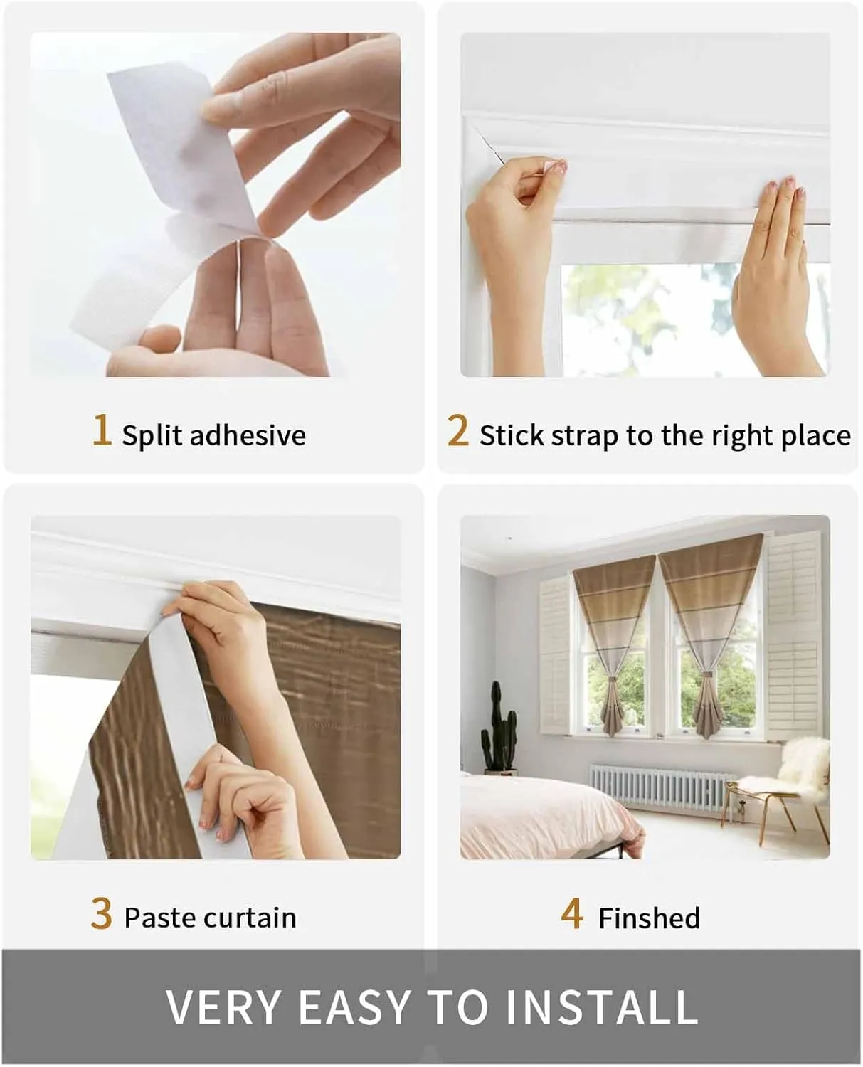 Brown Beige Self Adhesive Blackout Curtains with Tiebacks,Portable Rod Pocket Living Room Darkening Curtains,Farmhouse Vintage Gradient Wooden Grain Thermal Insulated Windows Cover,47Wx54H