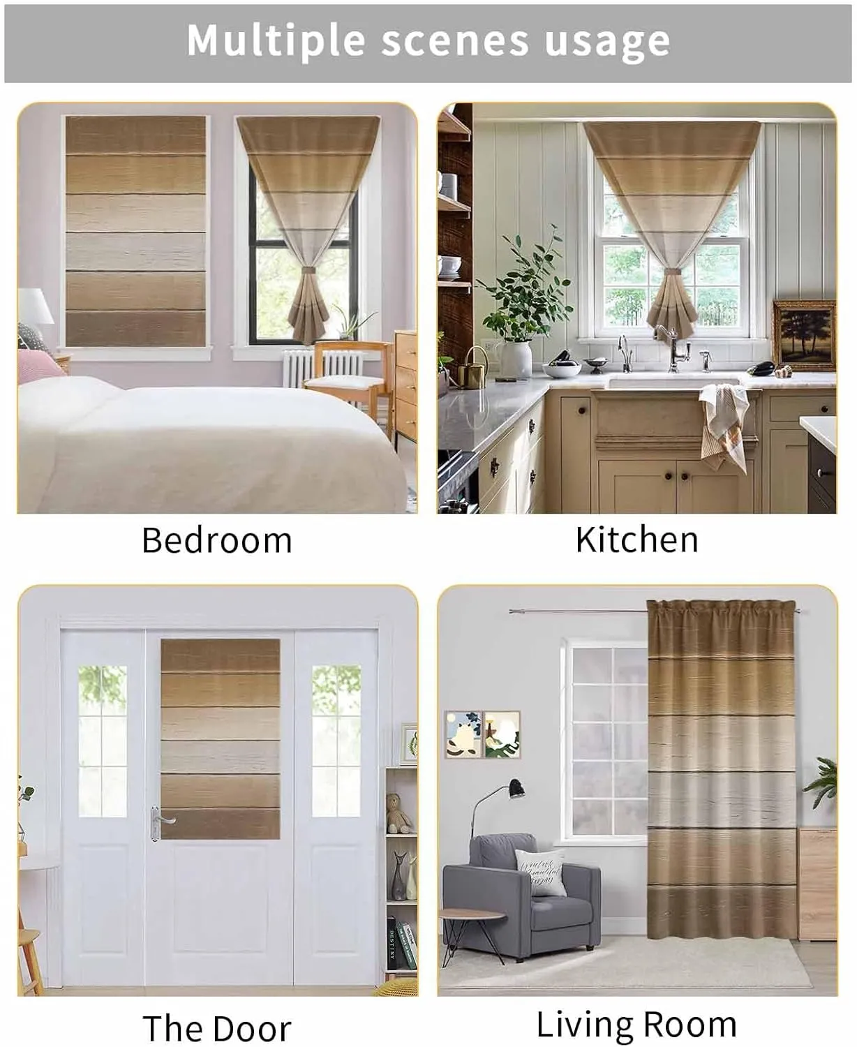 Brown Beige Self Adhesive Blackout Curtains with Tiebacks,Portable Rod Pocket Living Room Darkening Curtains,Farmhouse Vintage Gradient Wooden Grain Thermal Insulated Windows Cover,47Wx54H