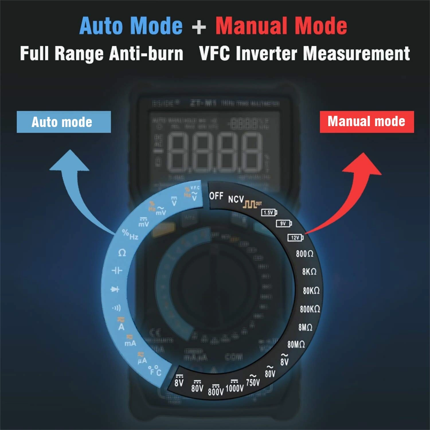 Bside True RMS Digital Multimeter 3-Line Display Manual & Auto Mode 8000 Counts Auto-Ranging DMM VFC Temperature Capacitance AC/DC Voltage Current Battery Tester with Analog Bargraph