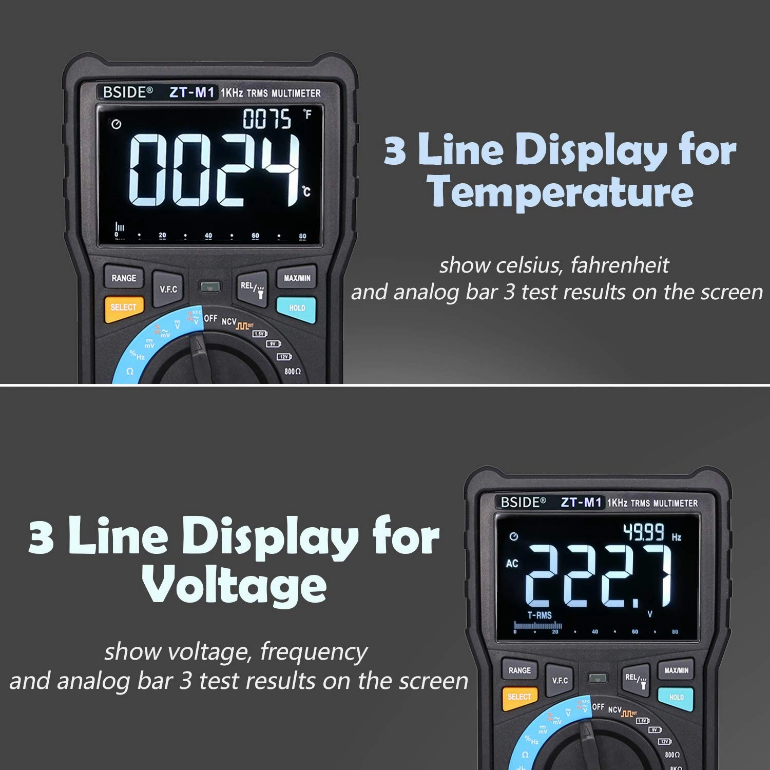 Bside True RMS Digital Multimeter 3-Line Display Manual & Auto Mode 8000 Counts Auto-Ranging DMM VFC Temperature Capacitance AC/DC Voltage Current Battery Tester with Analog Bargraph