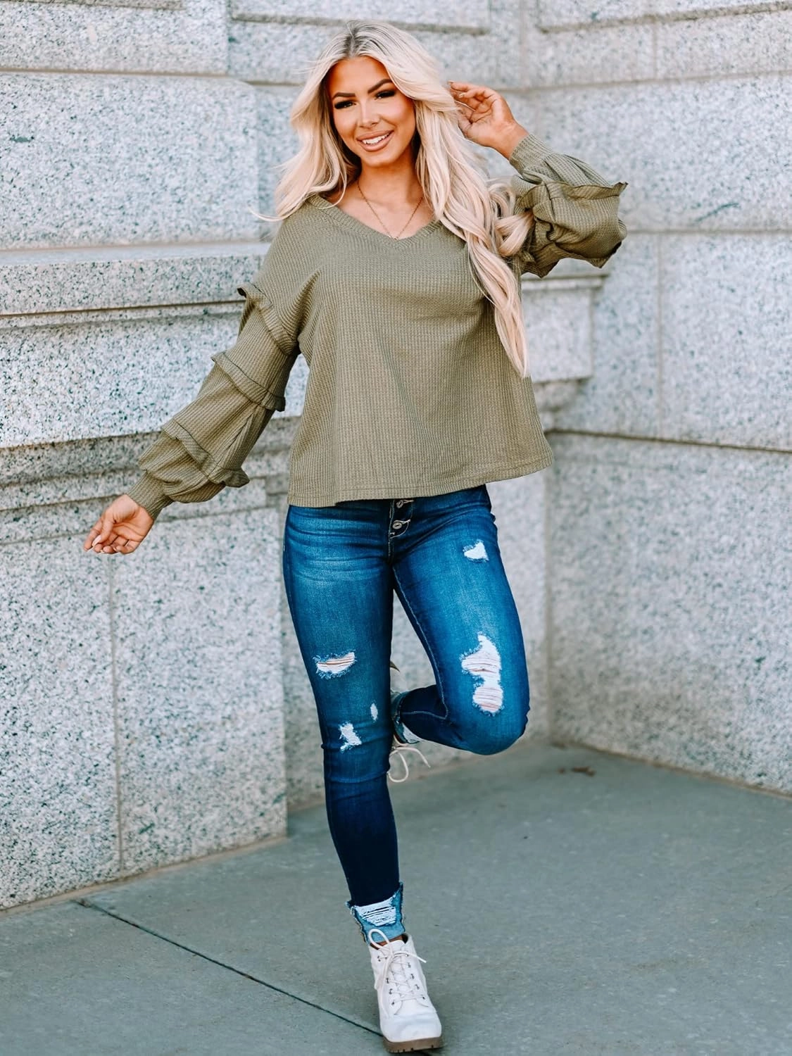 BTFBM Women's V Neck Long Sleeve Blouse Loose Fit Tunics Ruffles Off Shoulder Waffle Knit Solid Color Tops Fall Tee Shirts