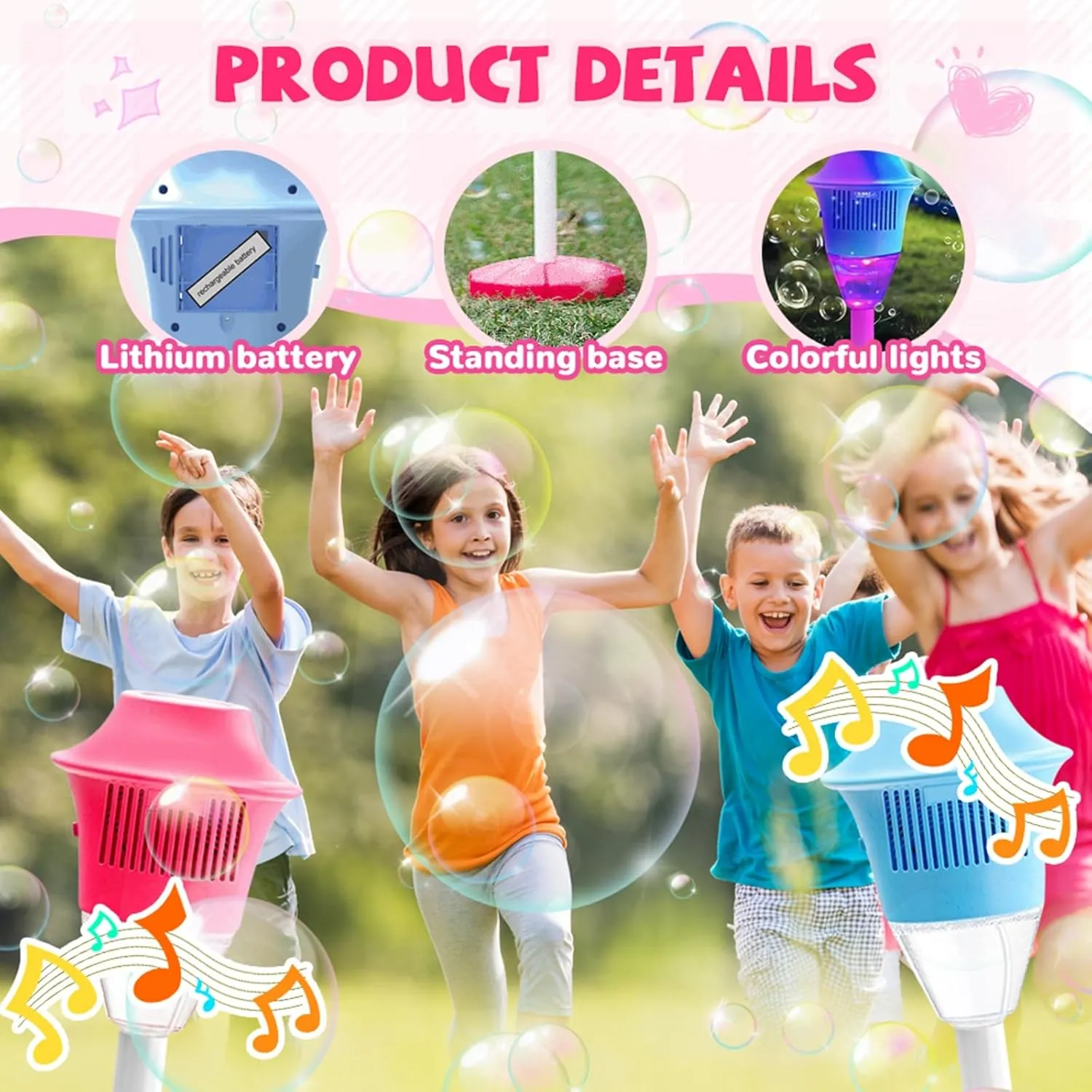Bubble Lantern Machine, Rechargeable Outdoor Stand Up Bubble Machine with Night Light and Music, Adjustable Automatic Bubble Maker for Wedding Birthday Picnic Camping Party (Blue)