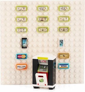 Building Bricks ATM Piggy Bank with Custom Bank Money Cash Bills Credit Cards Smart Phones-Personal ATM for Kids- Boys Girls Birthday Gift Toy