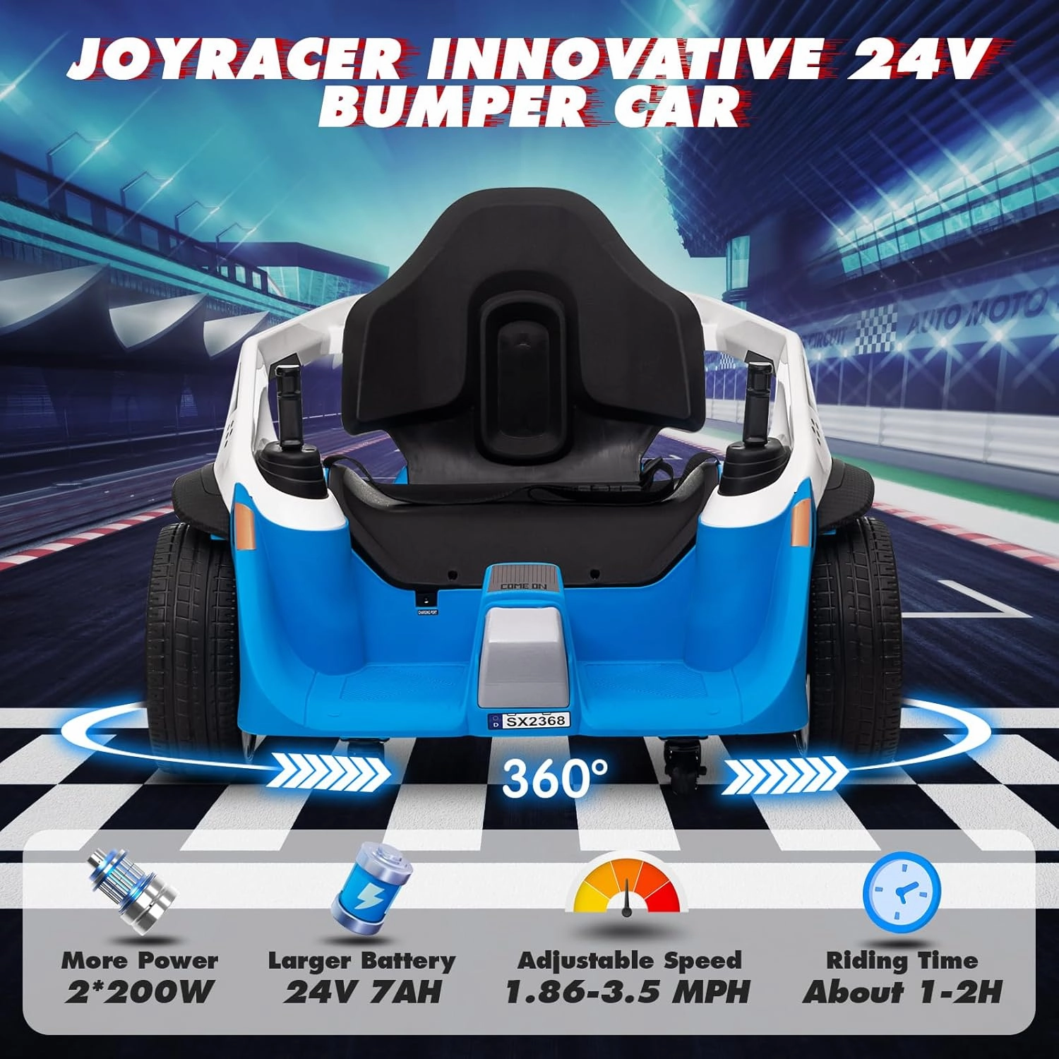 Bumper Car, JOYRACER 24V Electric Ride on Bumping Car Toy W/Parent Remote Control, 3 Speeds, Bluetooth Music, 360 Degree Spin Ride On Toys for Kids Boys Girls