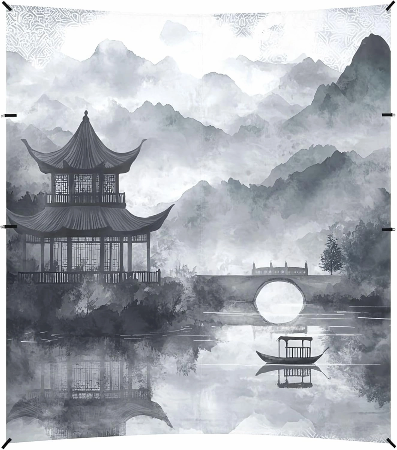 Burbuja Chinese Ink Painting Landscape Beach Canopy Windproof Beach Tent Sun Shade with 4 Sandbags & Sand Shovel, Portable Sun Shelter for Family Camping Picnic