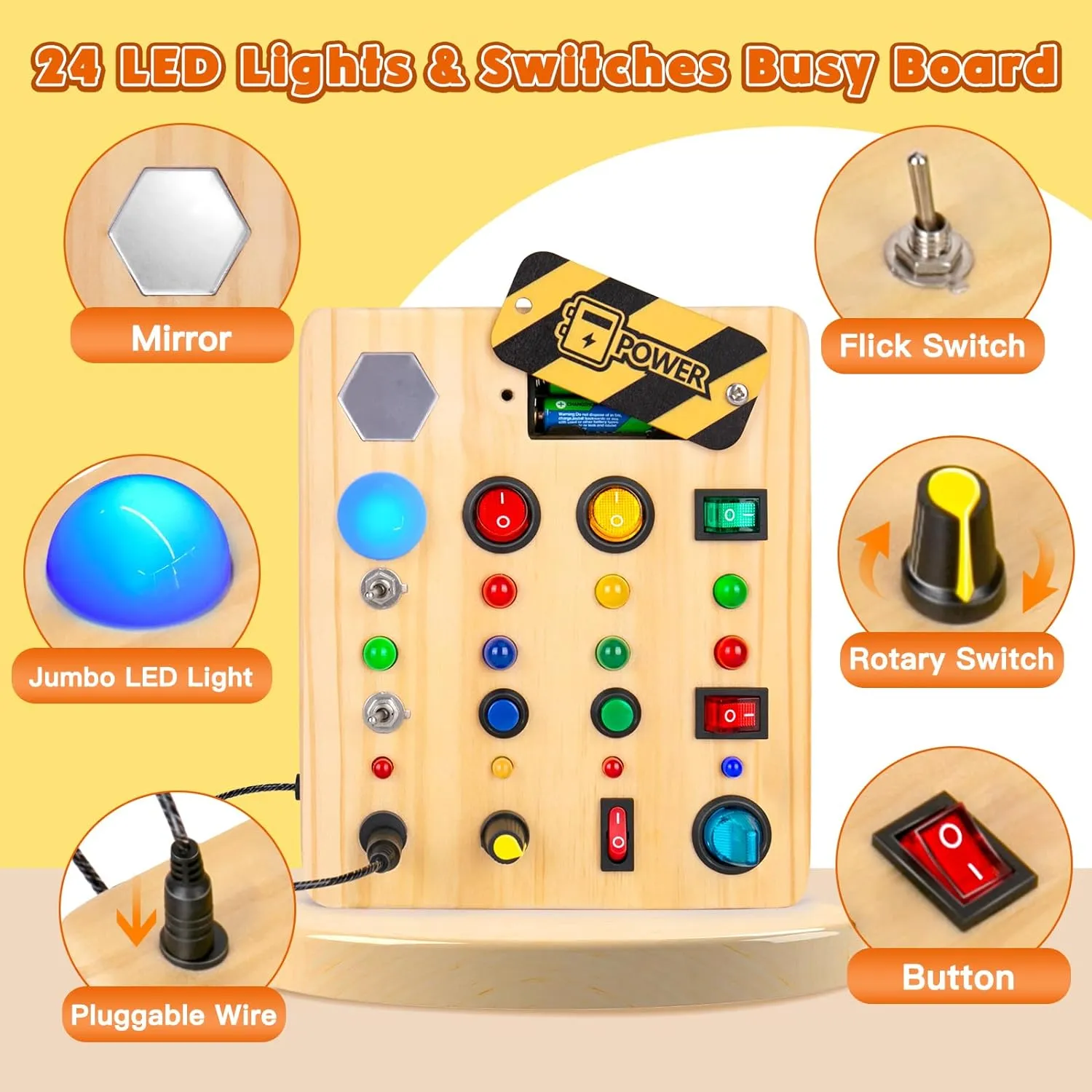Busy Board Montessori Toys for Toddler, Wooden Sensory Board Switch Toy with Shape Sorter LED Light Up Toys Educational Plane Travel Activity for Girls & Boys