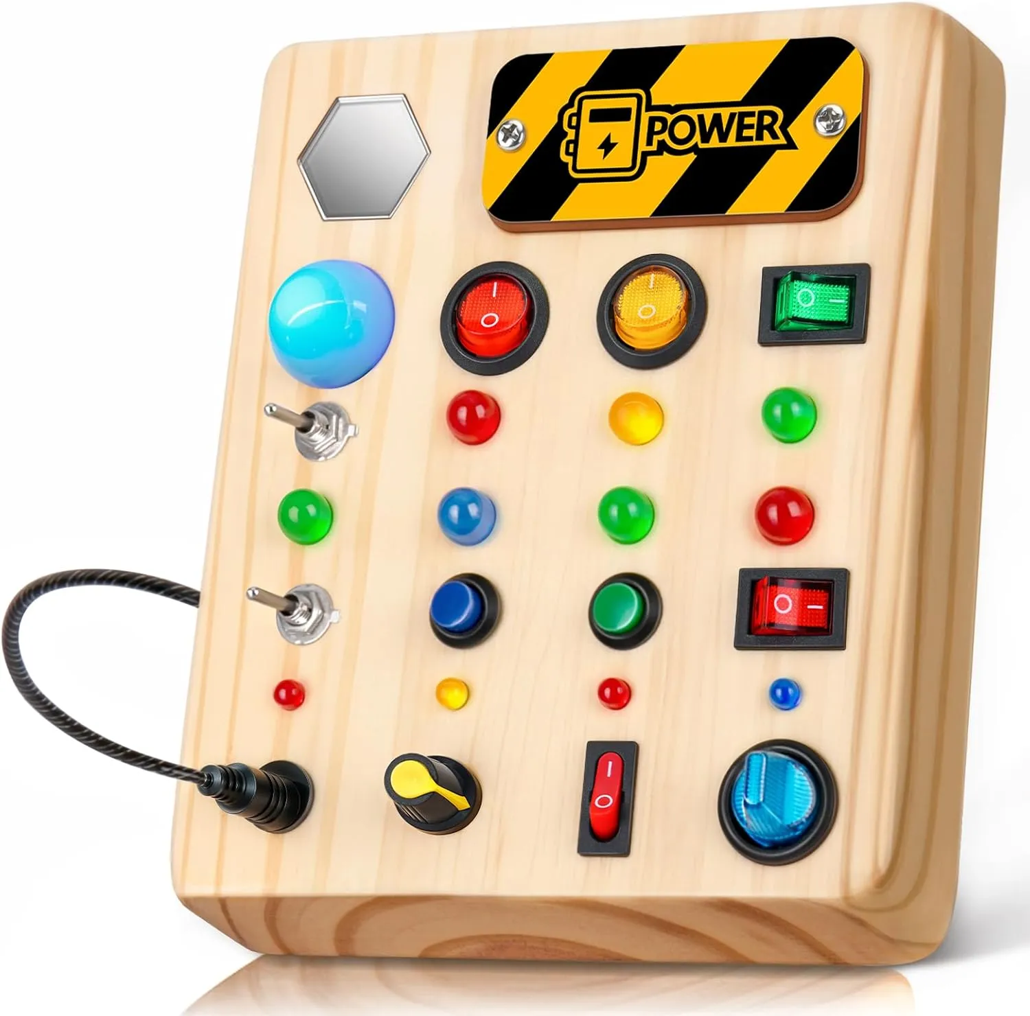 Busy Board Montessori Toys for Toddler, Wooden Sensory Board Switch Toy with Shape Sorter LED Light Up Toys Educational Plane Travel Activity for Girls & Boys