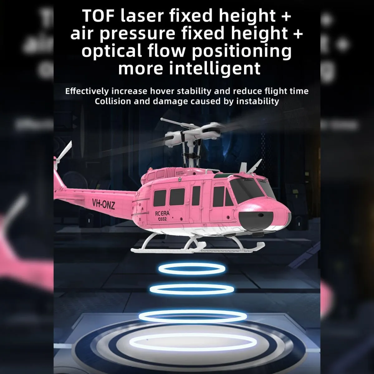 C032 UH-1 Huey RC Helicopter, 2.4G 6CH Flybarless Stunt Helicopter, 6-Axis Gyroscope, Barometer Height Setting, Optical Flow Positioning, TOF Lidar Height Setting
