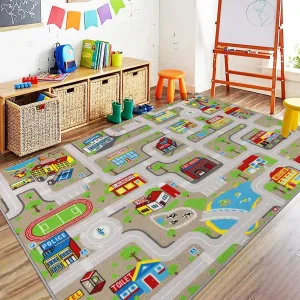 Capslpad Tan Car Road Kid Rug Carpet Playmat for Playoom Traffic Road Kids Play Mat for Toddler Non Slip Washable City Map Race Track Carpet Rug for Kids Room Bedroom Nursery Room Decor,6.6'x5'