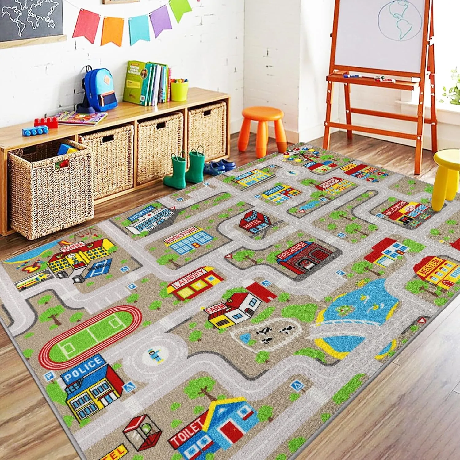Capslpad Tan Car Road Kid Rug Carpet Playmat for Playoom Traffic Road Kids Play Mat for Toddler Non Slip Washable City Map Race Track Carpet Rug for Kids Room Bedroom Nursery Room Decor,6.6'x5'