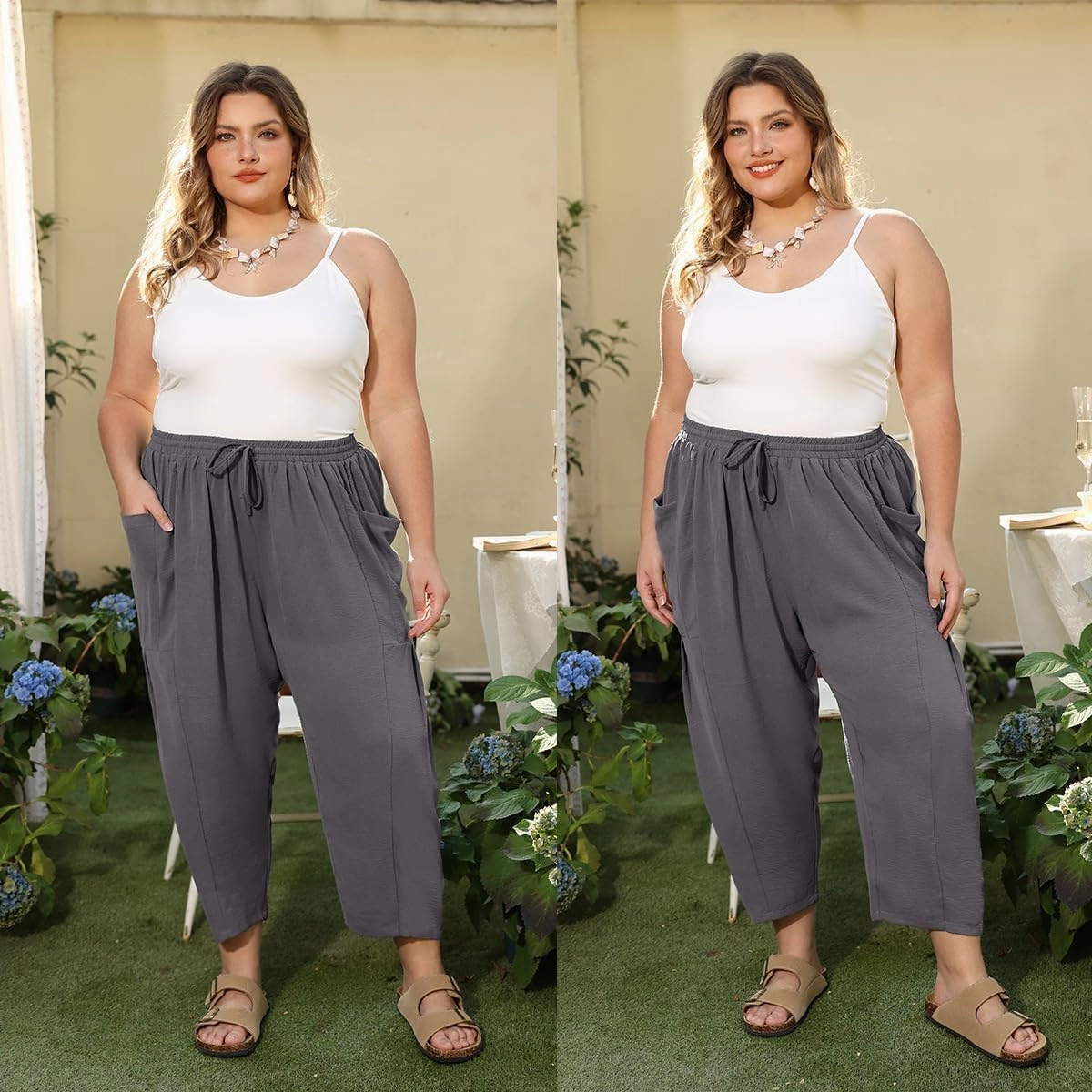 CARCOS Plus Size Pants Womens Summer Palazzo Harem Pants Drawstring Lantern Beach Pant Ankle Vacation Pant with Pocket Xl-5XL