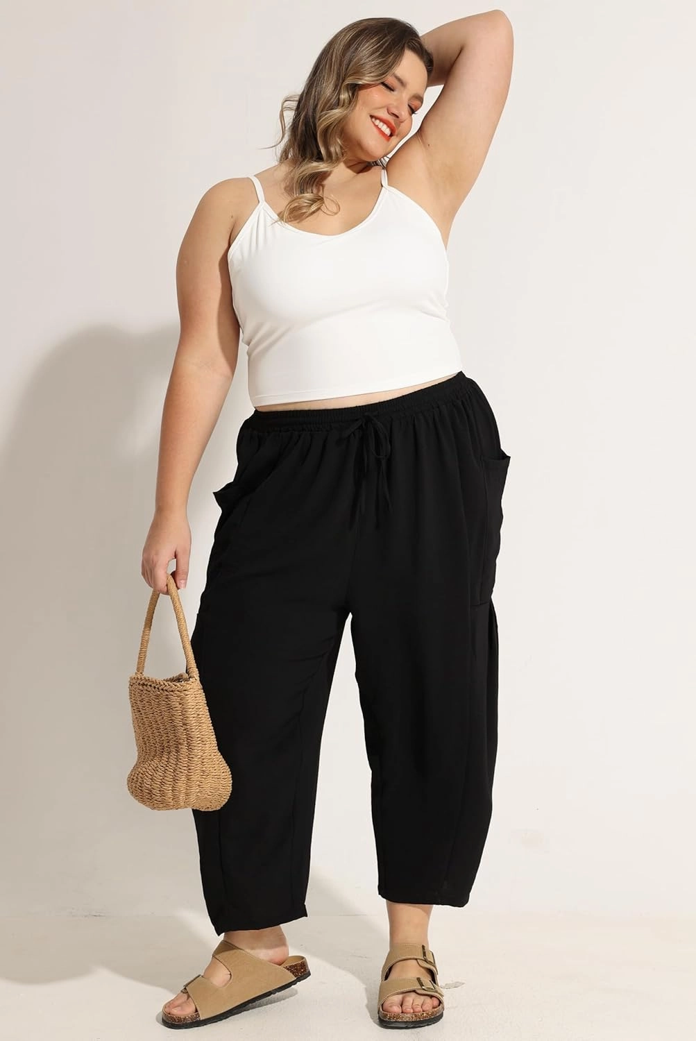 CARCOS Plus Size Pants Womens Summer Palazzo Harem Pants Drawstring Lantern Beach Pant Ankle Vacation Pant with Pocket Xl-5XL