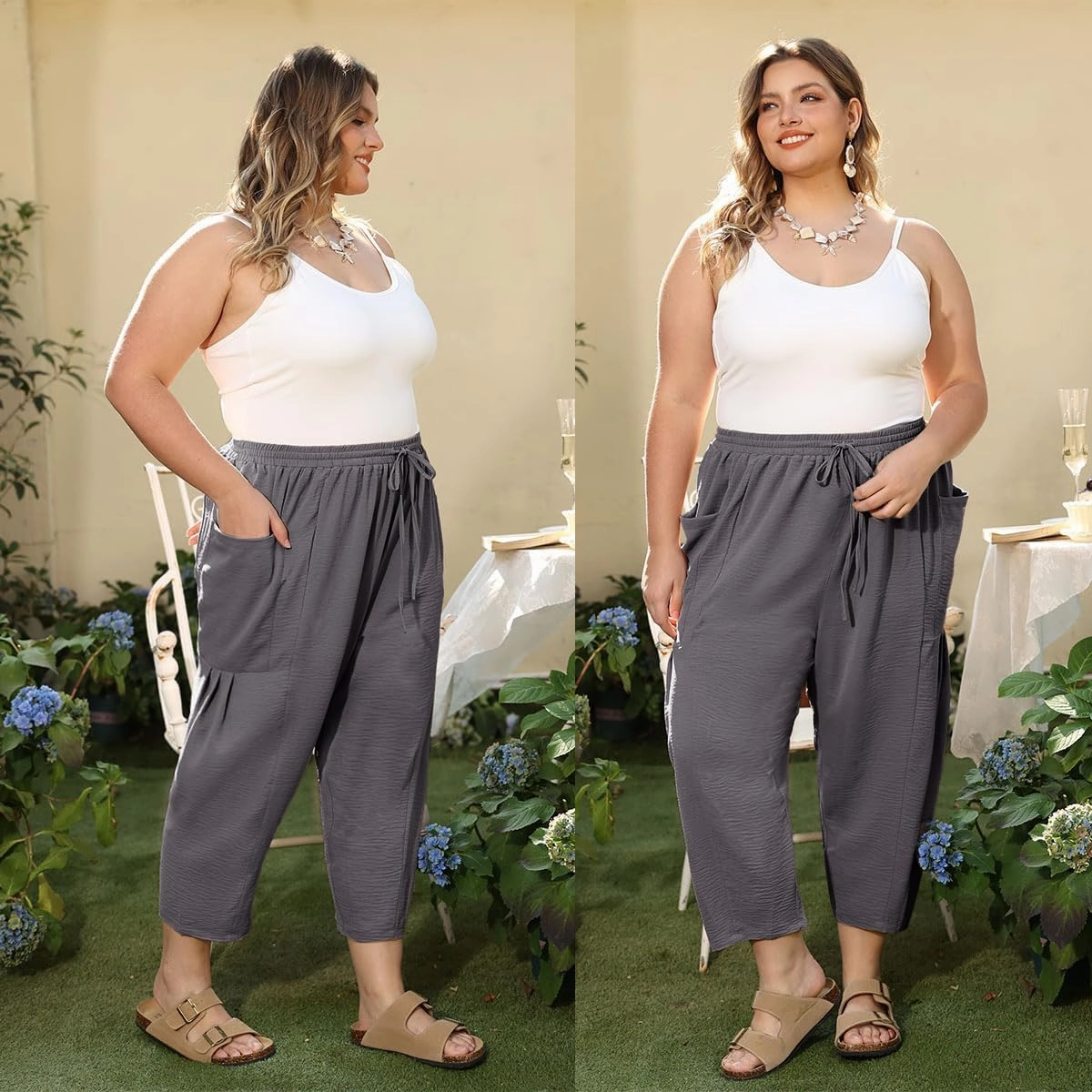 CARCOS Plus Size Pants Womens Summer Palazzo Harem Pants Drawstring Lantern Beach Pant Ankle Vacation Pant with Pocket Xl-5XL