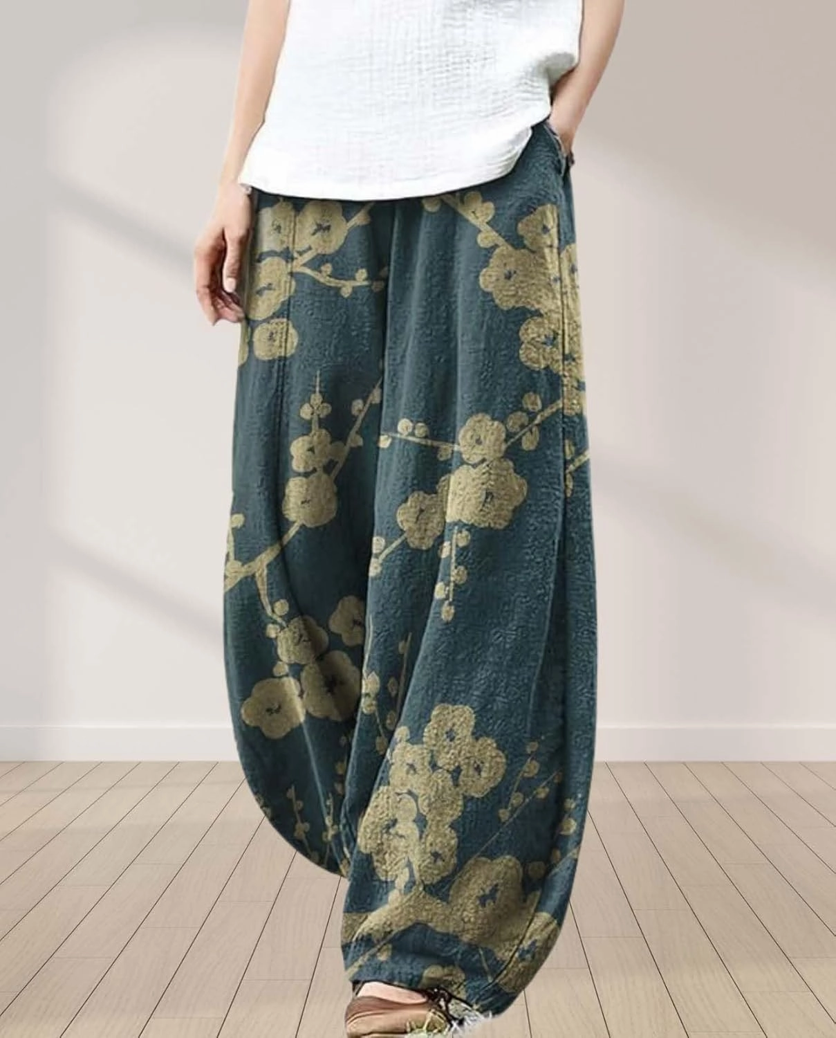 Cargo Japanese Pants for Women Cotton Linen Wide Leg Pants Casual Summer Boho Baggy Lantern Trouser with Pockets