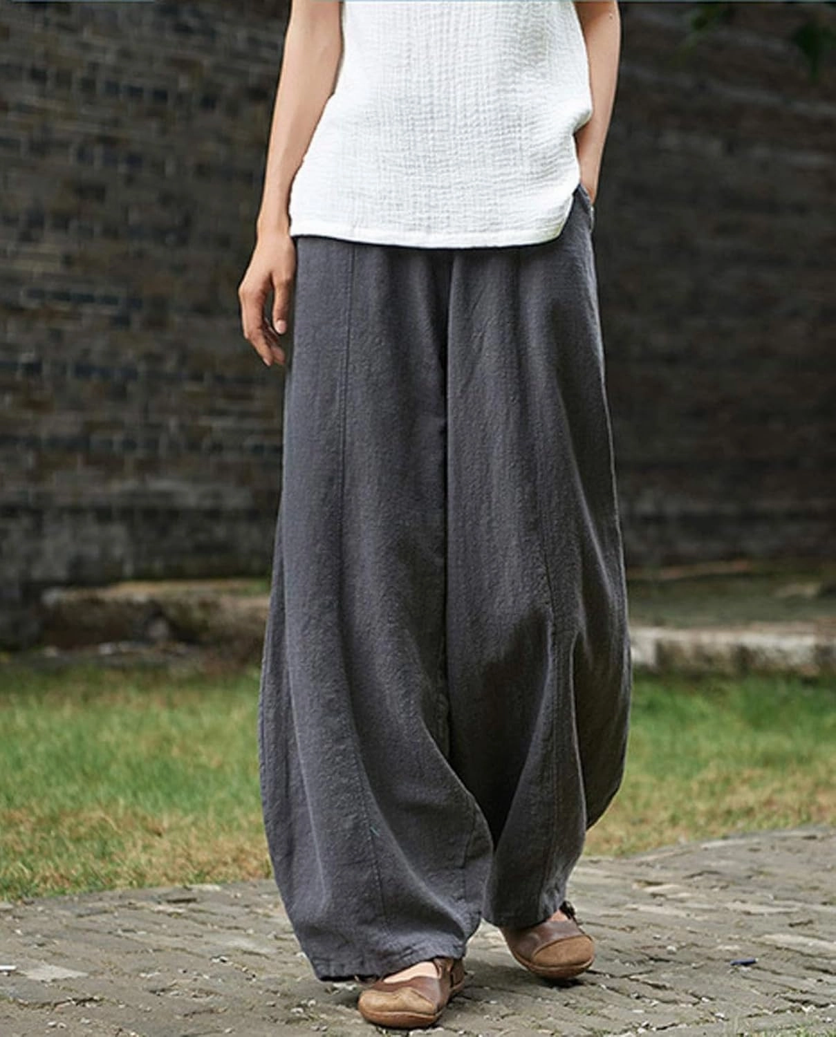 Cargo Japanese Pants for Women Cotton Linen Wide Leg Pants Casual Summer Boho Baggy Lantern Trouser with Pockets