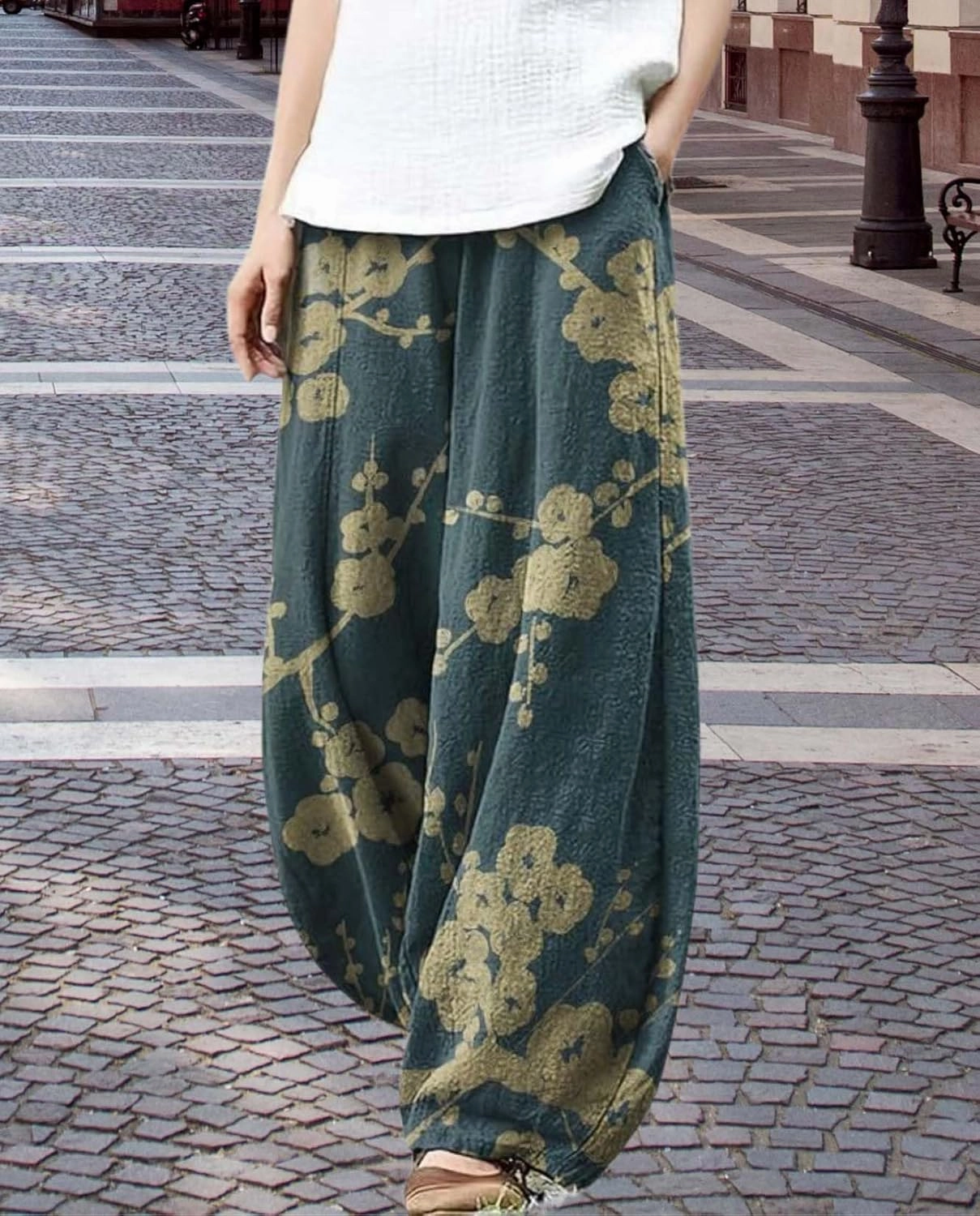 Cargo Japanese Pants for Women Cotton Linen Wide Leg Pants Casual Summer Boho Baggy Lantern Trouser with Pockets