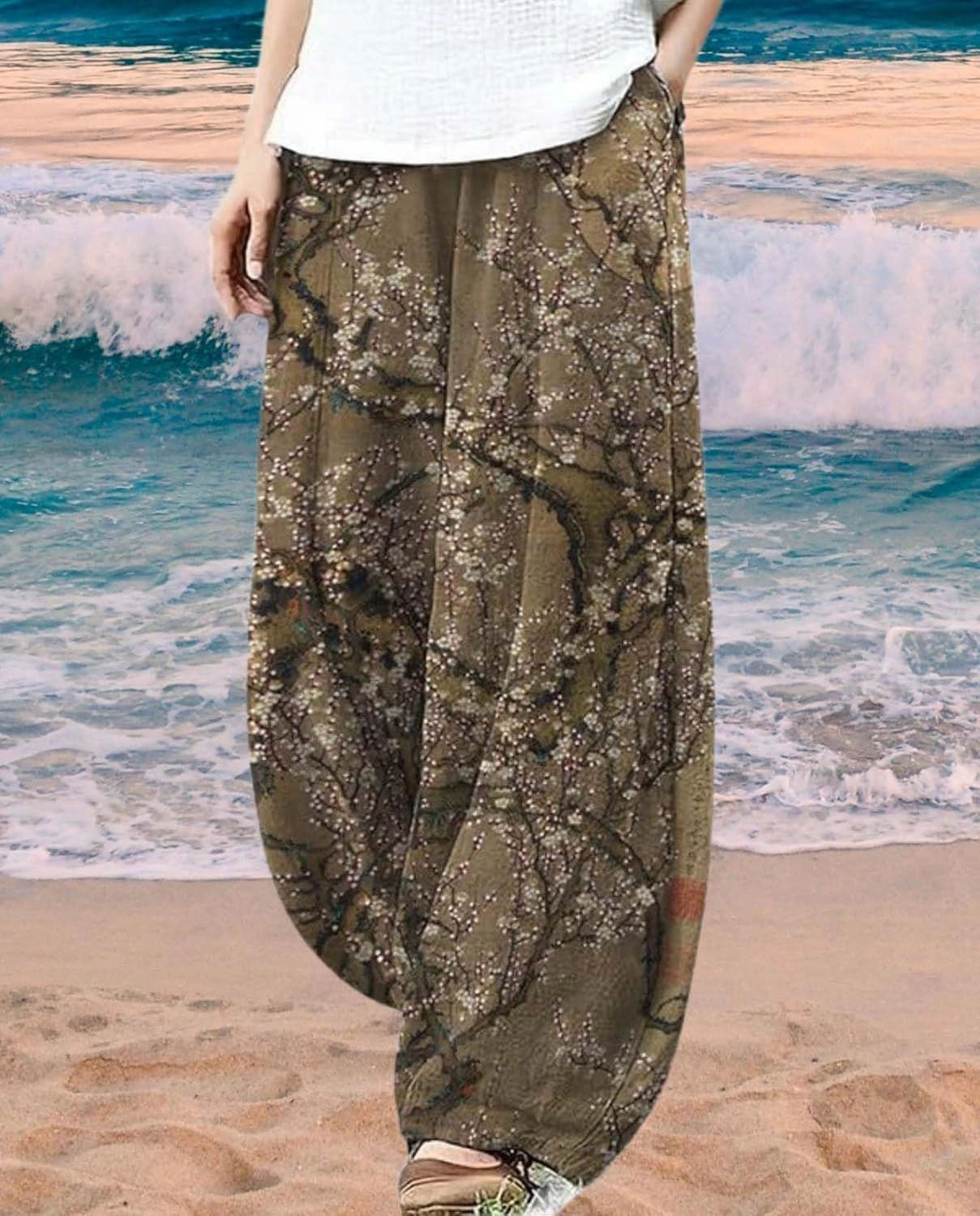 Cargo Japanese Pants for Women Cotton Linen Wide Leg Pants Casual Summer Boho Baggy Lantern Trouser with Pockets