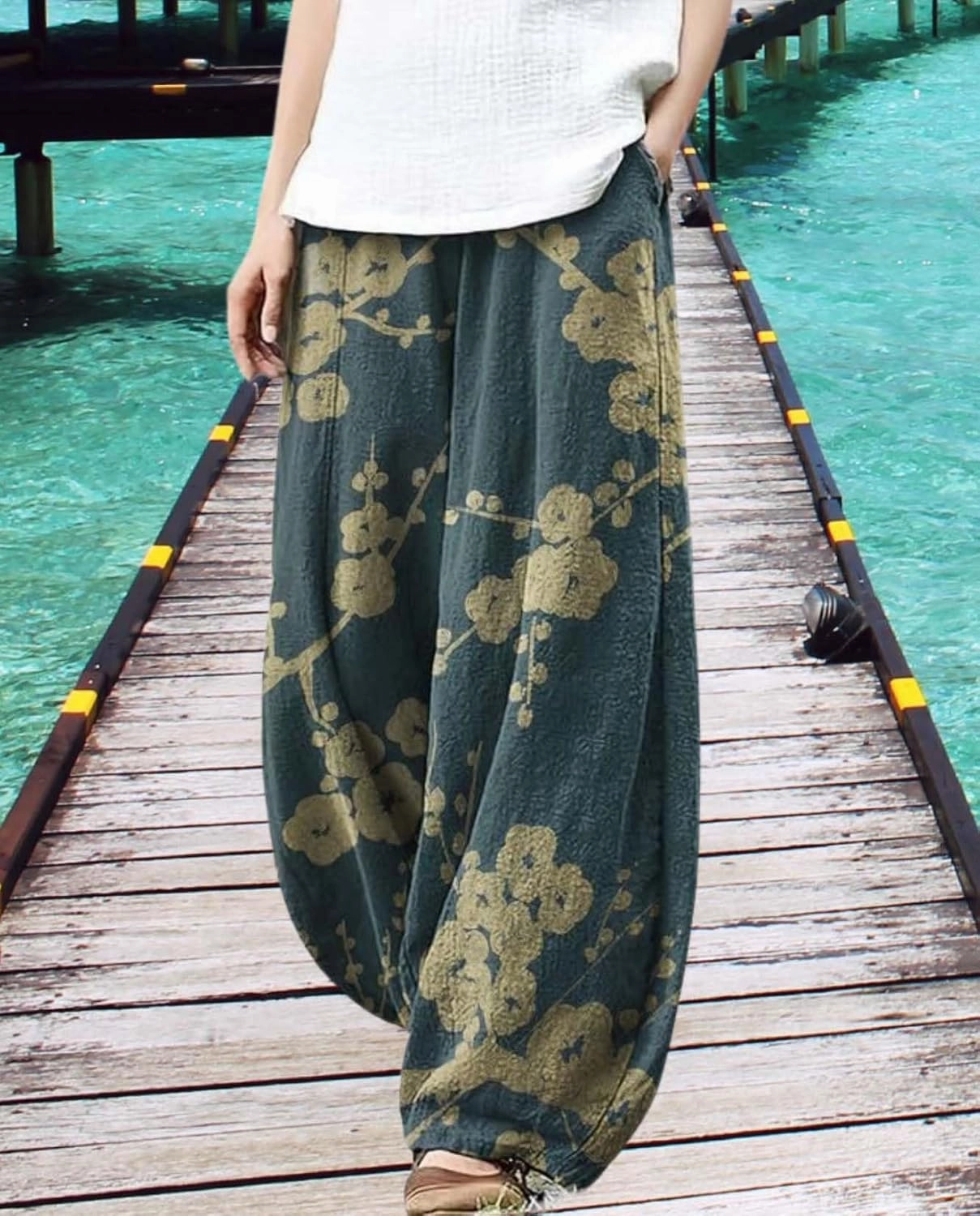 Cargo Japanese Pants for Women Cotton Linen Wide Leg Pants Casual Summer Boho Baggy Lantern Trouser with Pockets