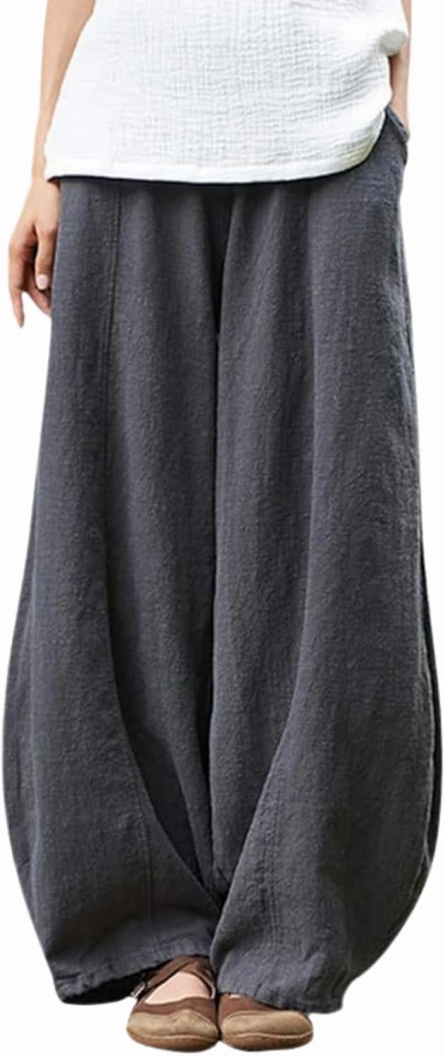 Cargo Japanese Pants for Women Cotton Linen Wide Leg Pants Casual Summer Boho Baggy Lantern Trouser with Pockets