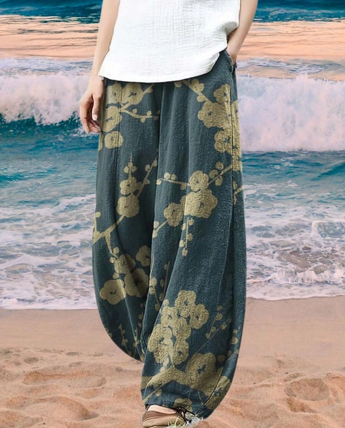 Cargo Japanese Pants for Women Cotton Linen Wide Leg Pants Casual Summer Boho Baggy Lantern Trouser with Pockets
