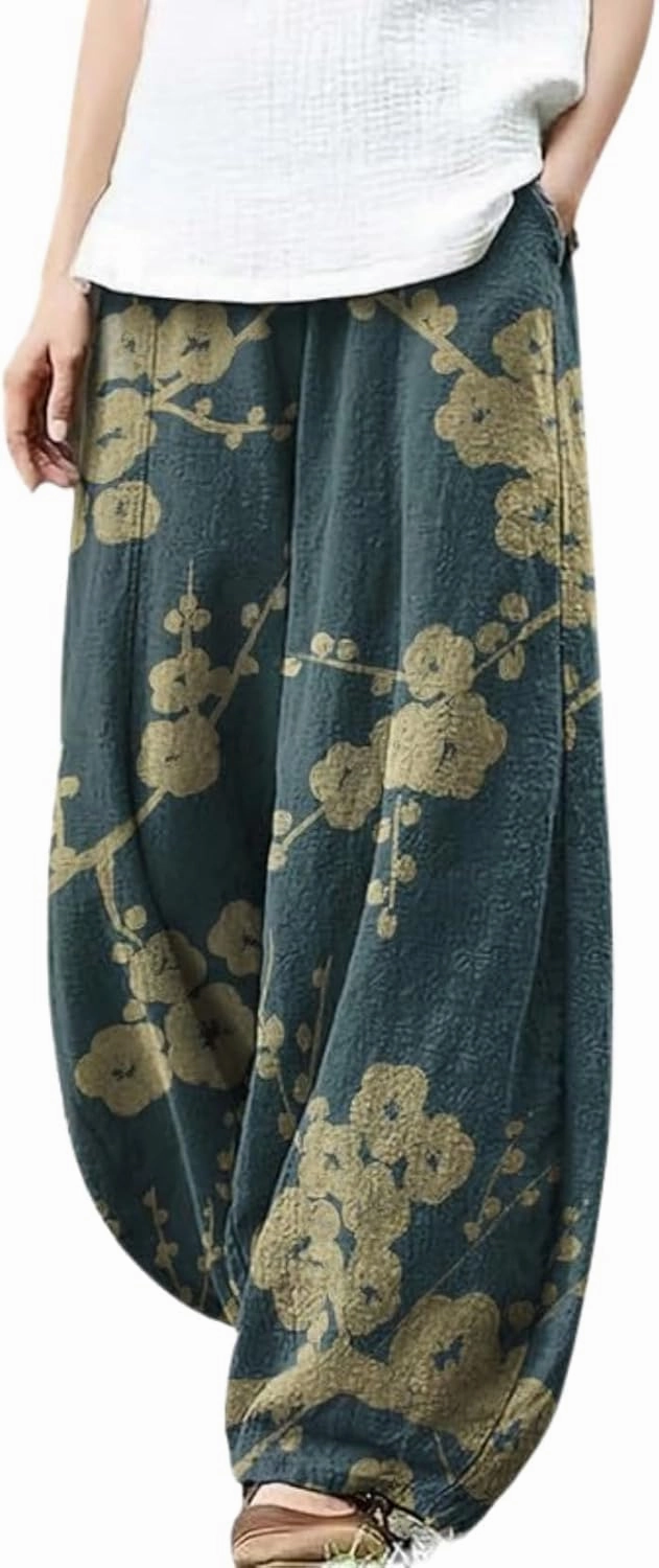 Cargo Japanese Pants for Women Cotton Linen Wide Leg Pants Casual Summer Boho Baggy Lantern Trouser with Pockets