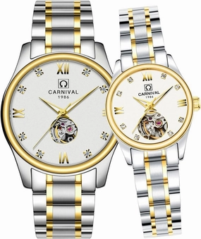 Carnival His or Hers Automatic Mechanical Couple Watch Men and Women Set of 2 (Gold White)