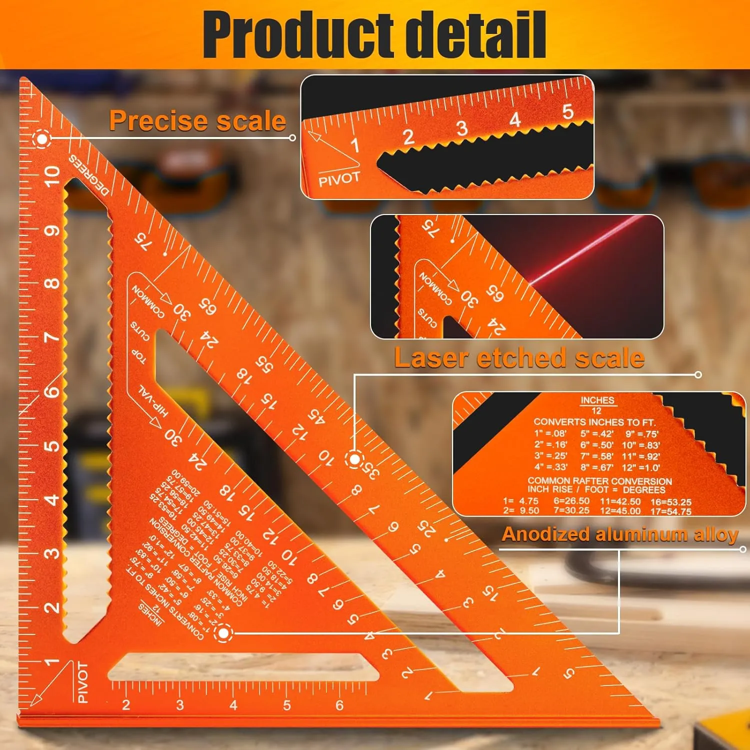 Carpenter Square 12 Inch, Rafter Square for Angle Drawing Measuring Ruler, Framing Square Tool Aluminum for Woodworking, Carpentry