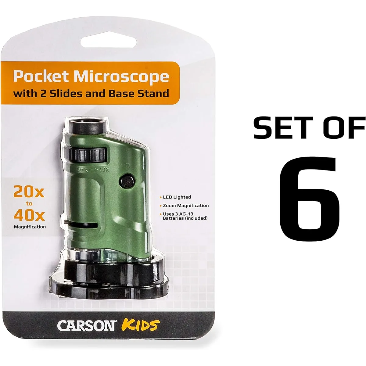 Carson MicroBrite 20x40x LED Lighted Pocket Microscope for Learning, Teaching, and Exploration - Set of 6 (MM-24MU)