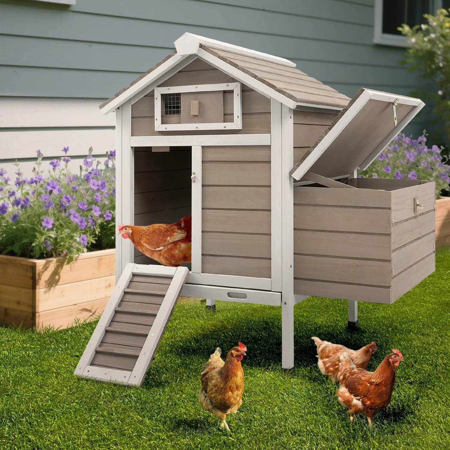 Chicken Coop Chicken House Outdoor with Nesting Box, Wooden Rabbit Hutch Poultry Cage with Removable Trays, Indoor Hen Duck Pet House with Ramp (32" L x 23.6" W x 36.6" H)