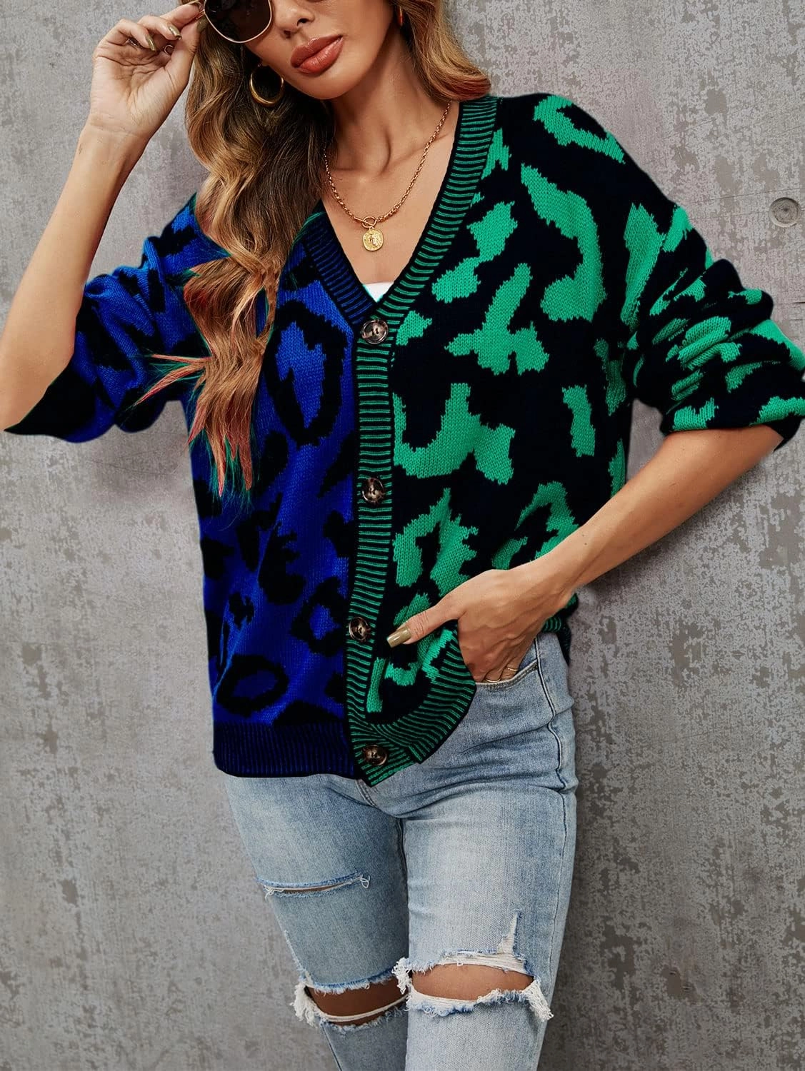 chouyatou Women's Color Block Leopard Print Button Down Long Sleeve Cardigan Sweaters