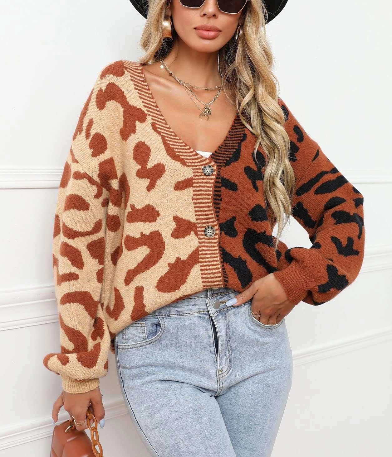 chouyatou Women's Color Block Leopard Print Button Down Long Sleeve Cardigan Sweaters
