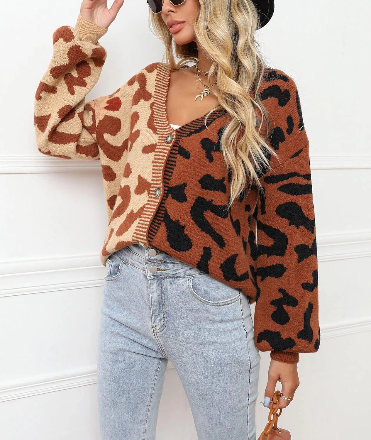 chouyatou Women's Color Block Leopard Print Button Down Long Sleeve Cardigan Sweaters