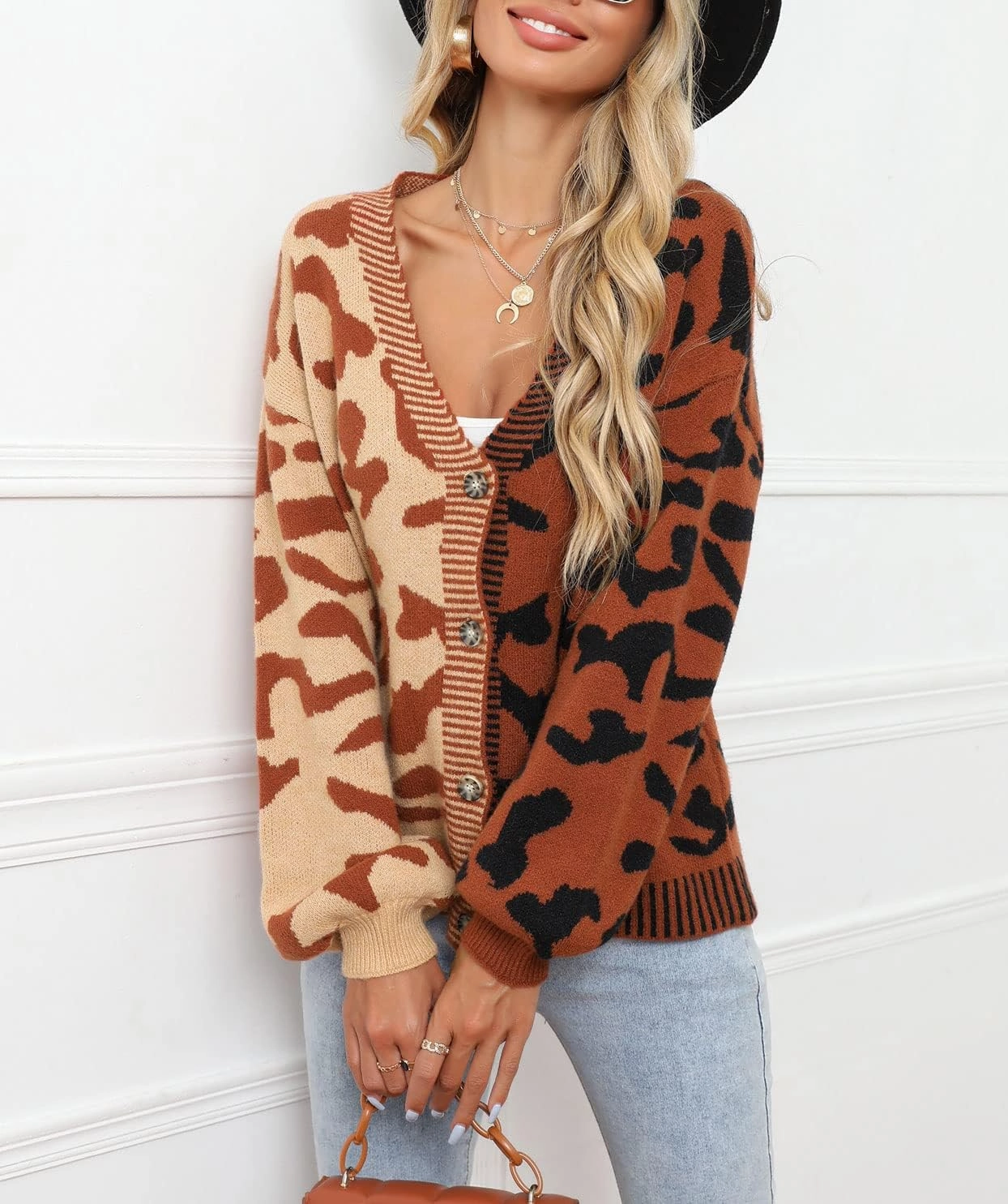 chouyatou Women's Color Block Leopard Print Button Down Long Sleeve Cardigan Sweaters