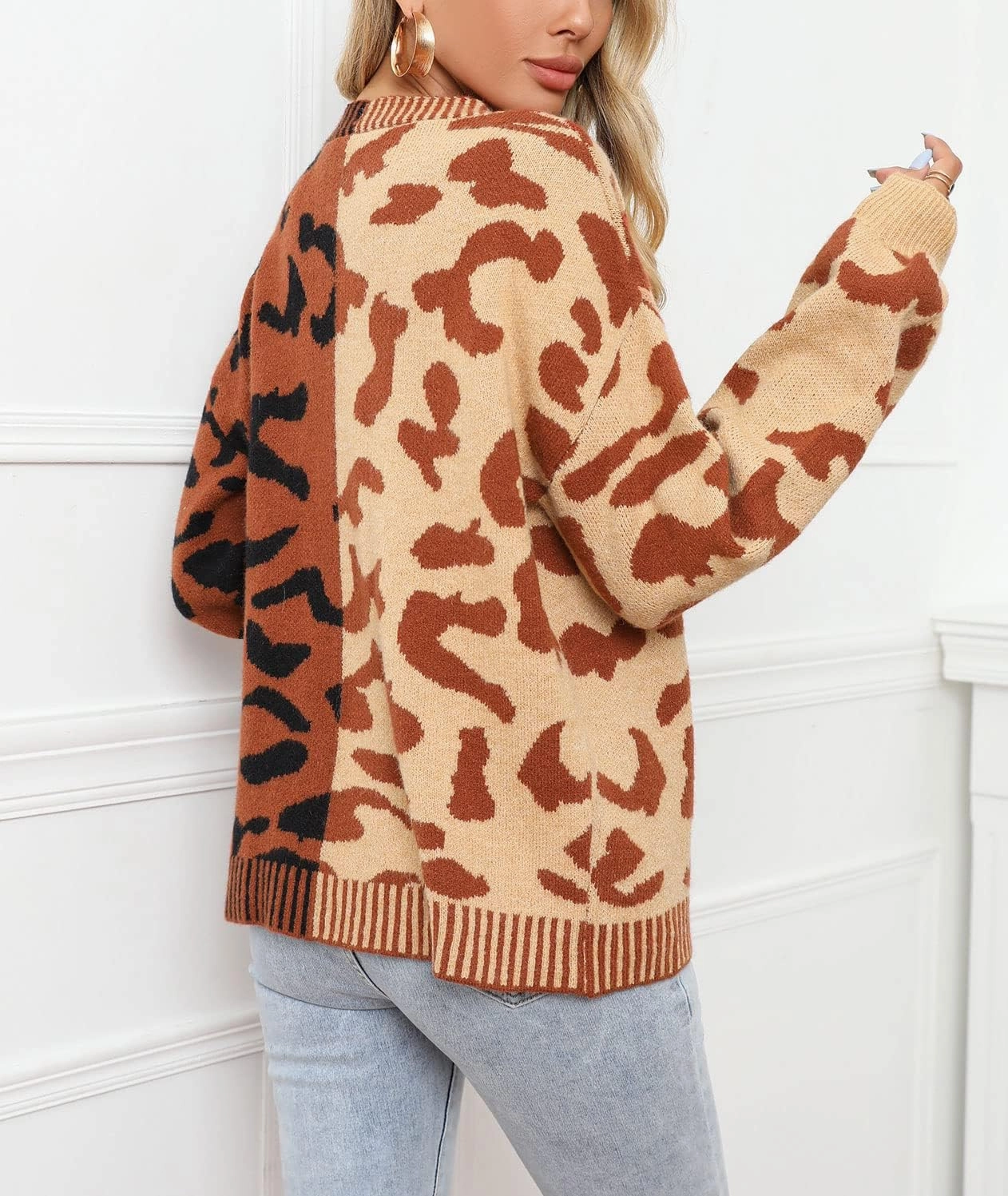 chouyatou Women's Color Block Leopard Print Button Down Long Sleeve Cardigan Sweaters