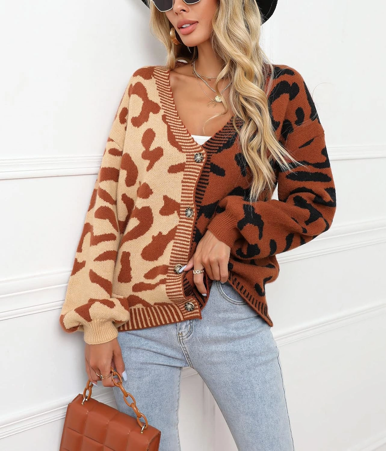 chouyatou Women's Color Block Leopard Print Button Down Long Sleeve Cardigan Sweaters
