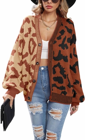 chouyatou Women's Color Block Leopard Print Button Down Long Sleeve Cardigan Sweaters