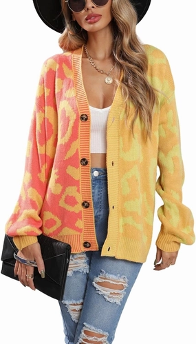 chouyatou Women's Color Block Leopard Print Button Down Long Sleeve Cardigan Sweaters