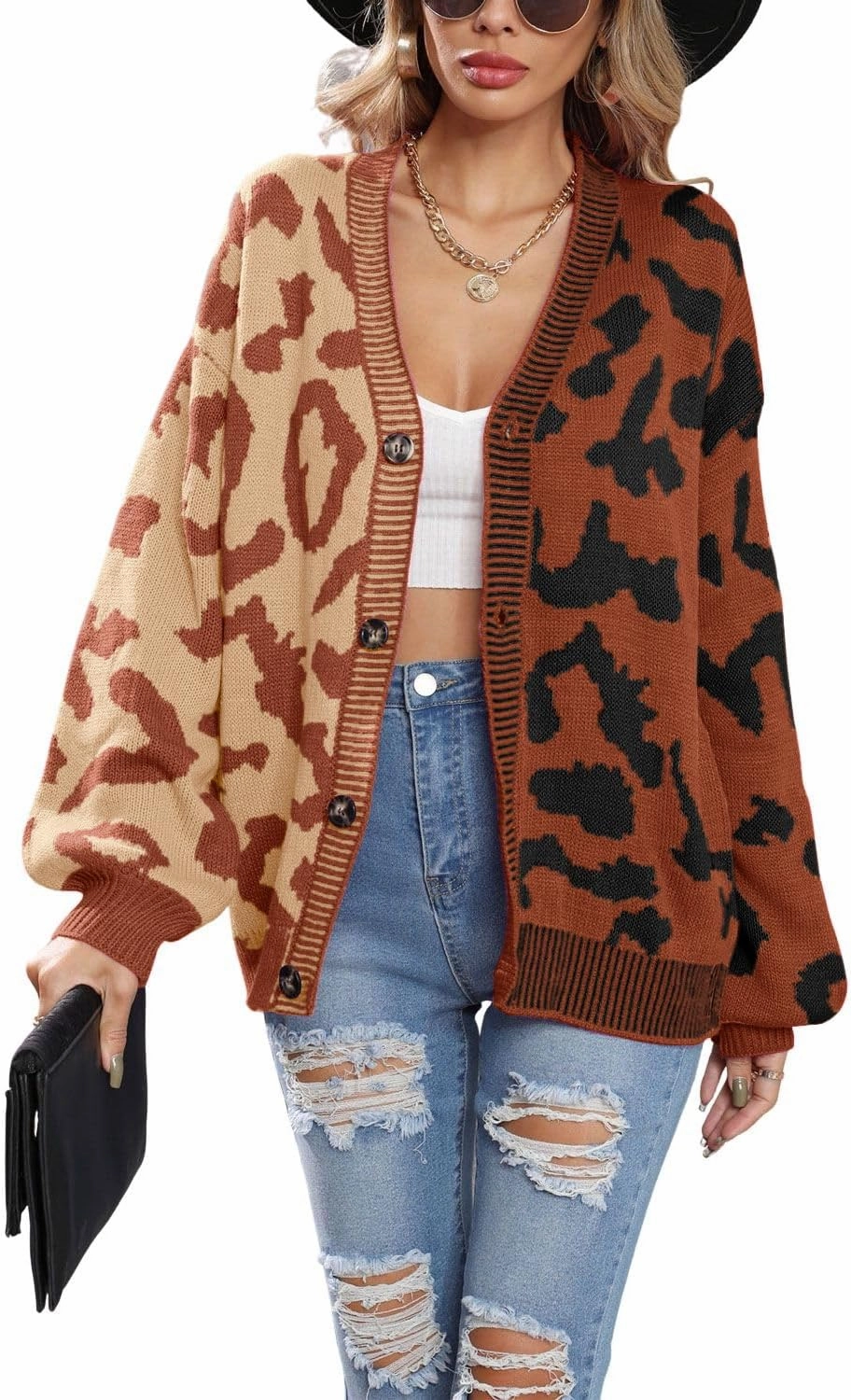 chouyatou Women's Color Block Leopard Print Button Down Long Sleeve Cardigan Sweaters