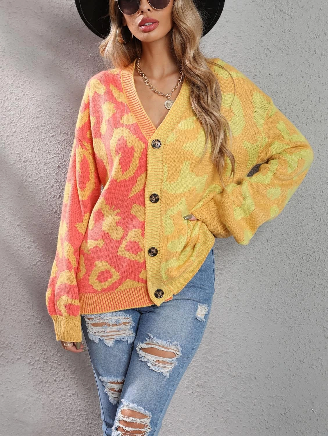 chouyatou Women's Color Block Leopard Print Button Down Long Sleeve Cardigan Sweaters