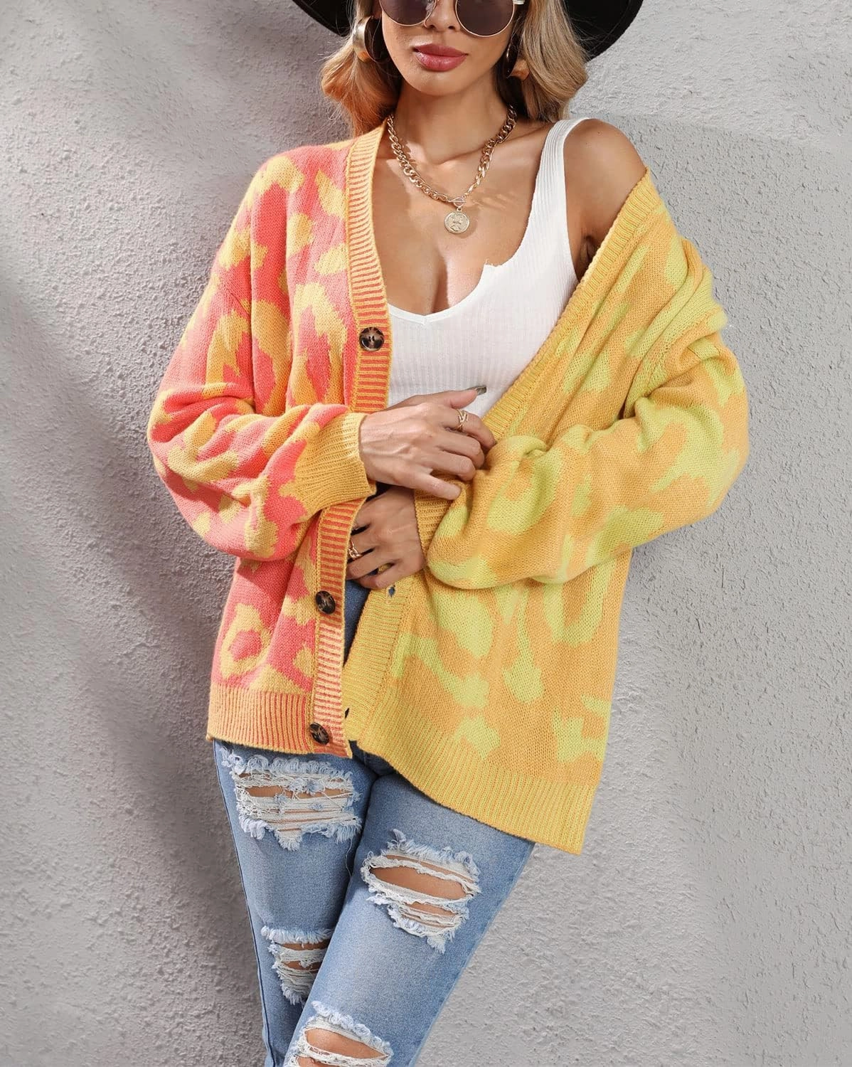 chouyatou Women's Color Block Leopard Print Button Down Long Sleeve Cardigan Sweaters